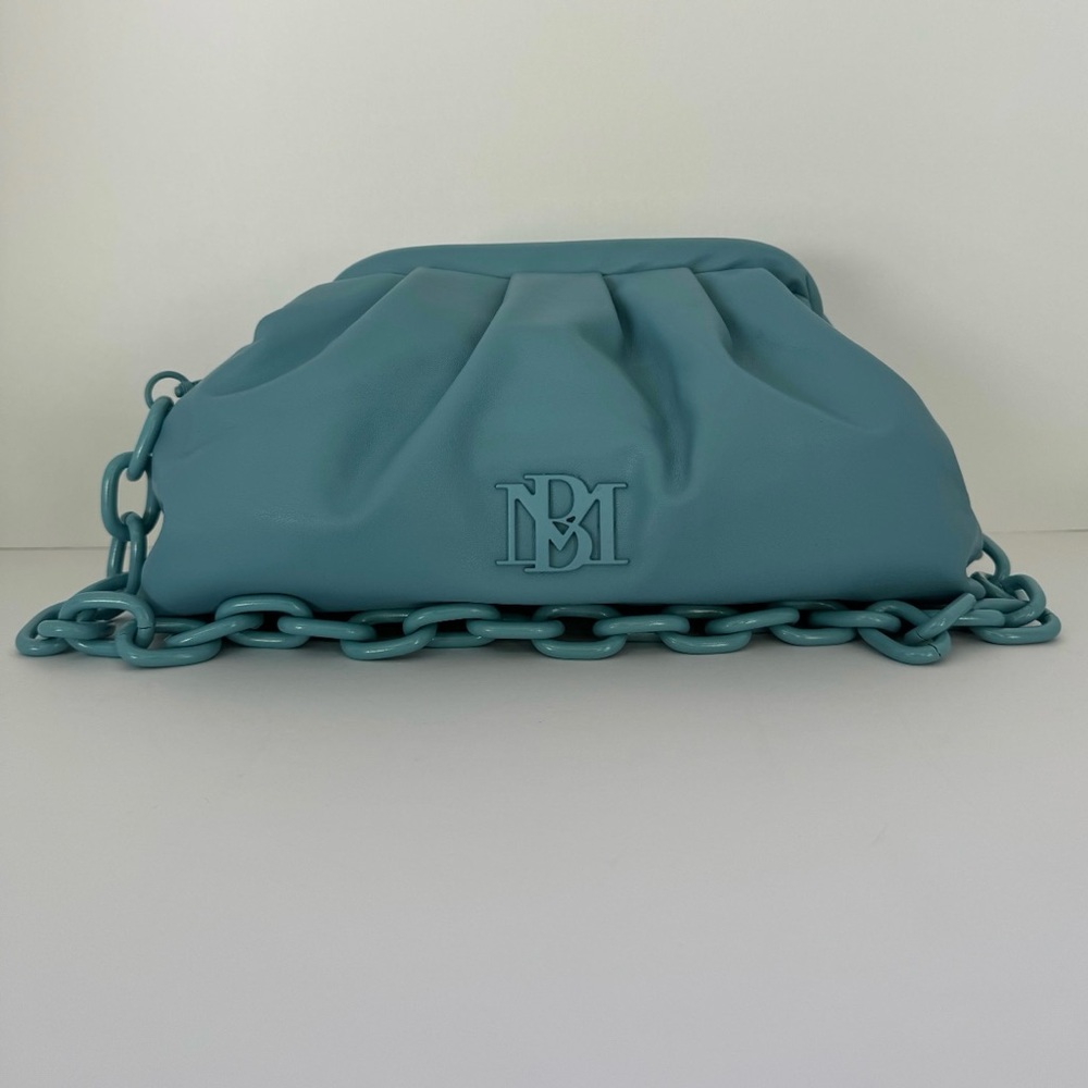 Badgley Mischka Wrapped Frame Clutch Chain Strap Blue Purse NWT MSRP $129 Vegan